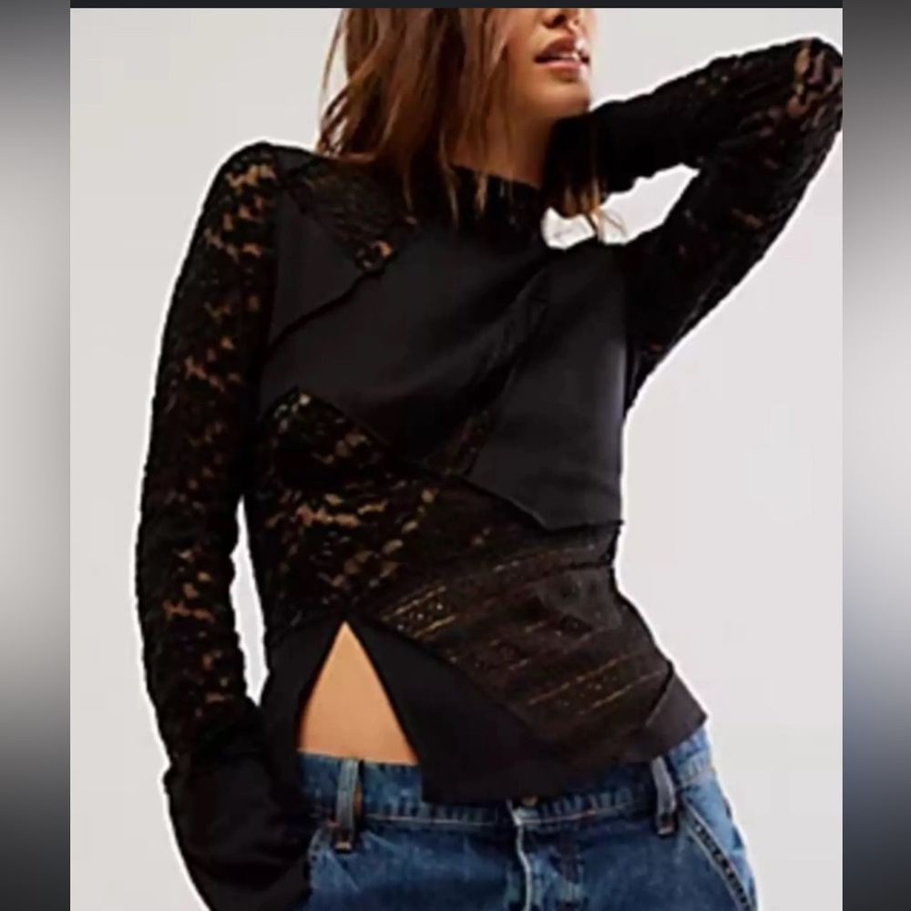 Free People Black Lace Long Sleeve Top